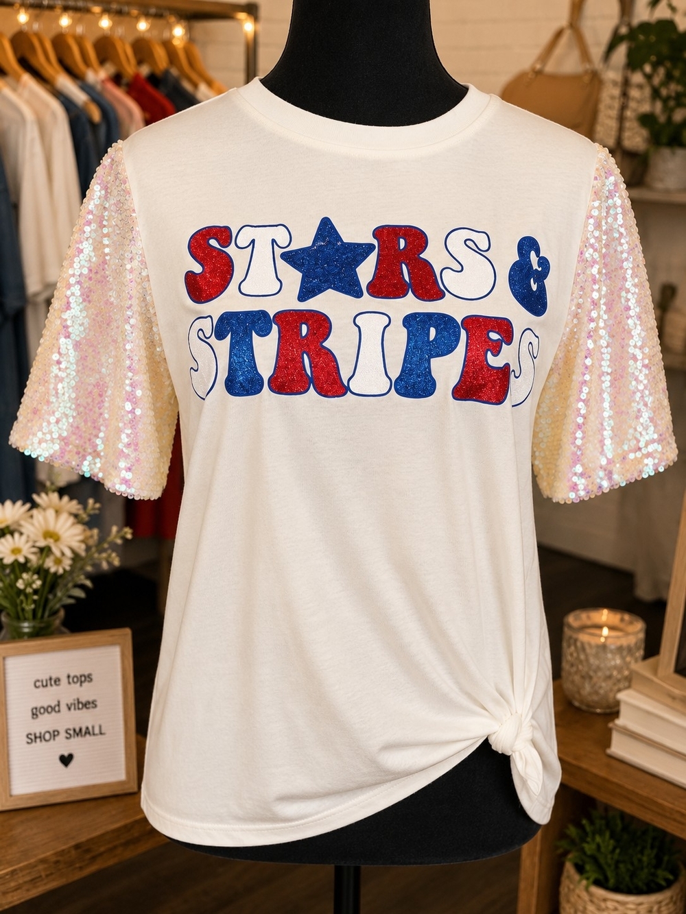 Stars & Stripes Sequin Sleeve Tee - Cream